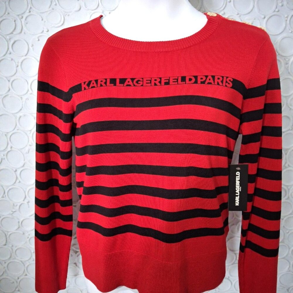 Karl Lagerfeld Paris Med (8-10) Red & Black Stripe Crewneck Sweater w/ Gold Pins